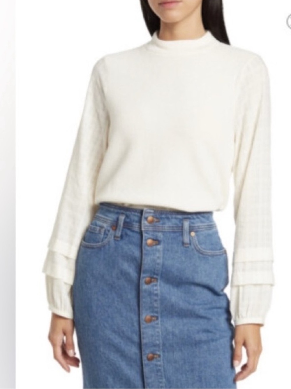 Madewell Weavemix Mockneck Bubble-Sleeve Top in Antique Cream